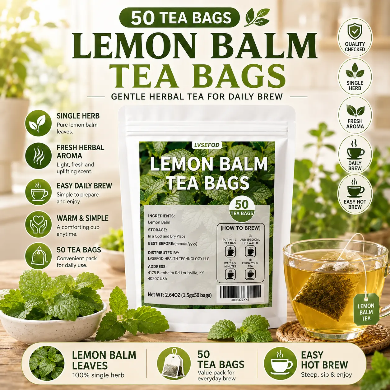 LVSEFOD Lemon Balm Tea Bags, 50 Count, 2.64 oz, Single Herb Herbal Tea Bags, Easy Hot Brew Botanical Tea for Daily Tea Time