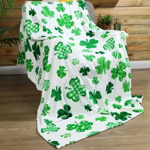 St. Patrick's Day Throw Blanket Green Lucky Clovers and Shamrocks Throw Blankets 50x60 Inch Flannel Saint Patricks Day Irish Home Decorations for Soft Fuzzy Fluffy Couch Sofa Bed