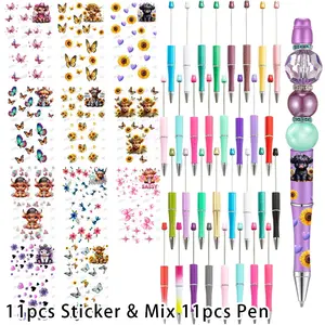 11pcs Cute Cow UV DTF Beadable Pen Wraps & Mix Color 11pcs Beadable Pen DIY Crafts, Perfect for Party Gifts and Office Supplies