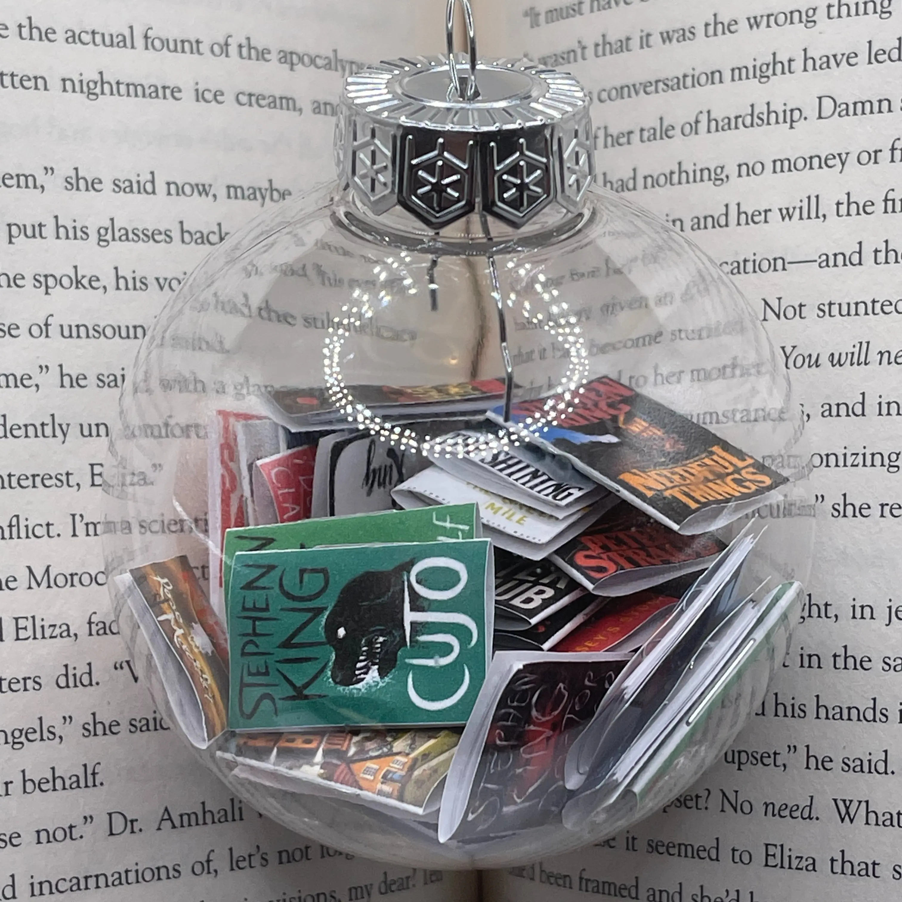 Stephen King Mini Book Ornament, 30 Titles Included, Clear Plastic and Perfect for Home Decor