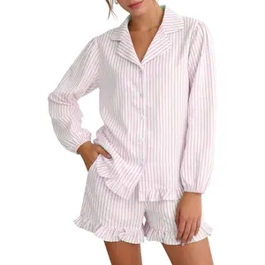 Women's 2-Piece Cotton Poplin Loungewear Set, Casual Cute Ruffle Longsleeves Button Shirt & Seersucker Lightweight Striped Shorts Sleepwear