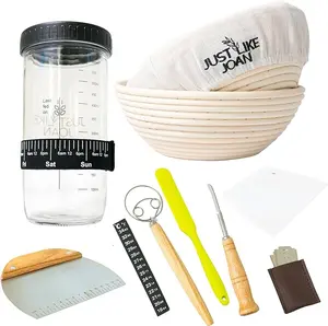 Sourdough Starter Kit – Ultimate Sourdough Kit w/ Sourdough Starter Jar & Banneton Basket- Easy Cleaning Sourdough Proofing Basket Kit- Ideal Bread Basket & Sourdough Jar Tools- Bread Lame Dough Whisk
