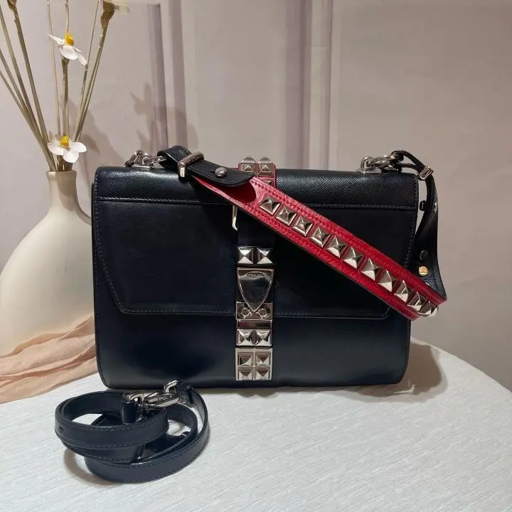 Pre-owned Prada Elektra Studded Shoulder Bag in Black City Calf and Saffiano Leather 1BD120 ZX125