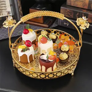 European Style Round Fruit Basket with Handle, Metal Fruit Cake Dessert Storage Basket, Fruit Plate for Home Kitchen Living Room Decor, Organiser, Gift Baskets, Basket with Handles, Basket Organizer