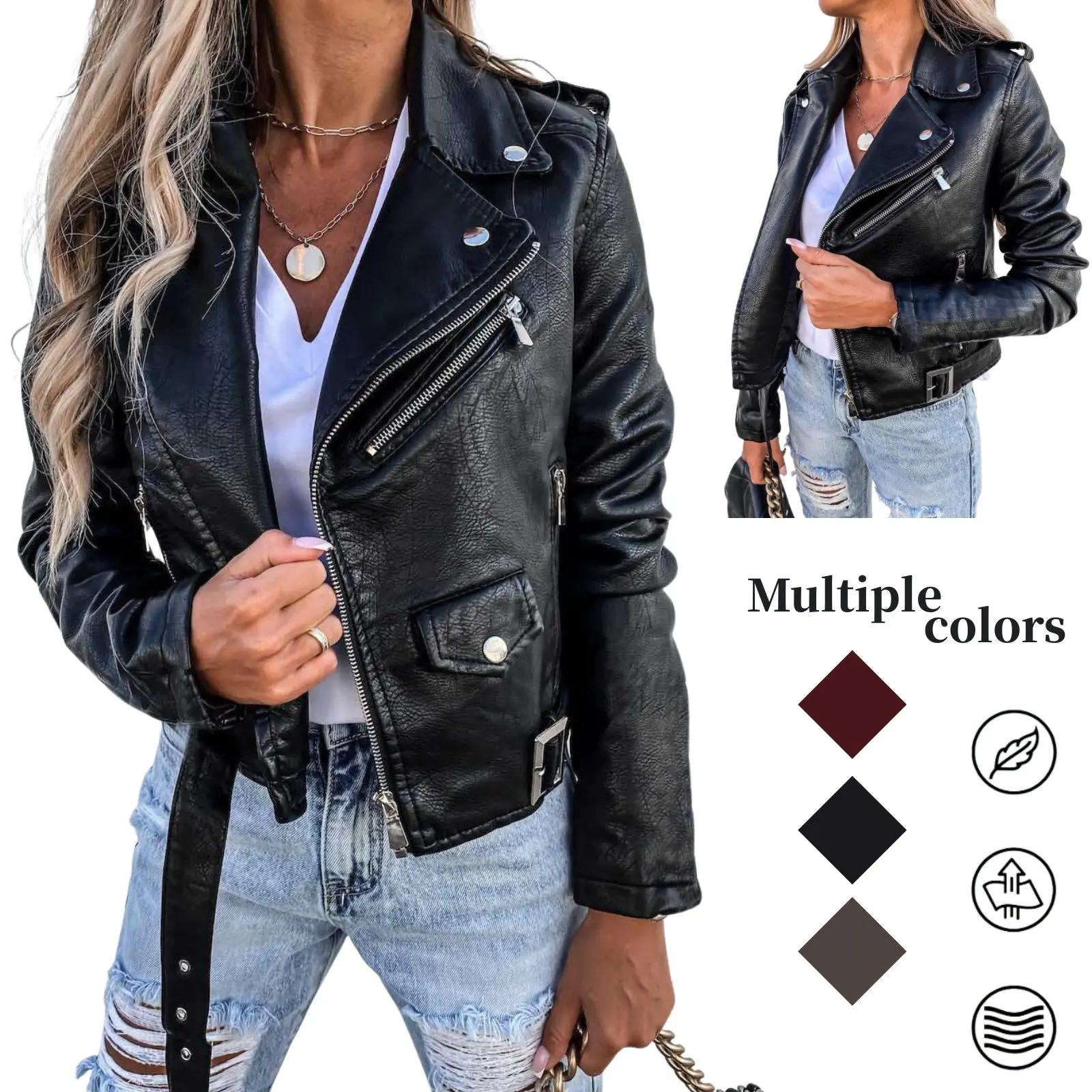 Women’s PU leather biker jacket with turn-down collar, retro belt detailing, street-style cool vibe