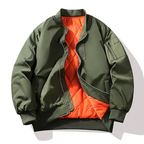 Men's Vintage MA1 Air Force Flying Jacket - Long Sleeve Plain Casual Polyester Woven Fitted Zipper Coat, Fall-Winter Machine-Washable Menswear Outerwear
