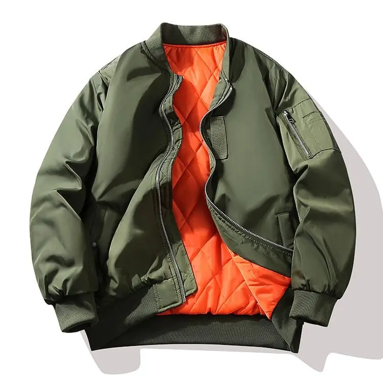 Men's Vintage MA1 Air Force Flying Jacket - Long Sleeve Plain Casual Polyester Woven Male Clothing, Fall Winter Machine Washable Menswear Coat