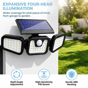 270° Wide-Angle Solar Outdoor Light with 74 LED Beads, 3-Head LED Motion Sensor Light, 3000LM Solar Security Flood Light featuring 3 Lighting Modes. Ideal for lighting up corridors, gardens, backyards, porches, garages and more.