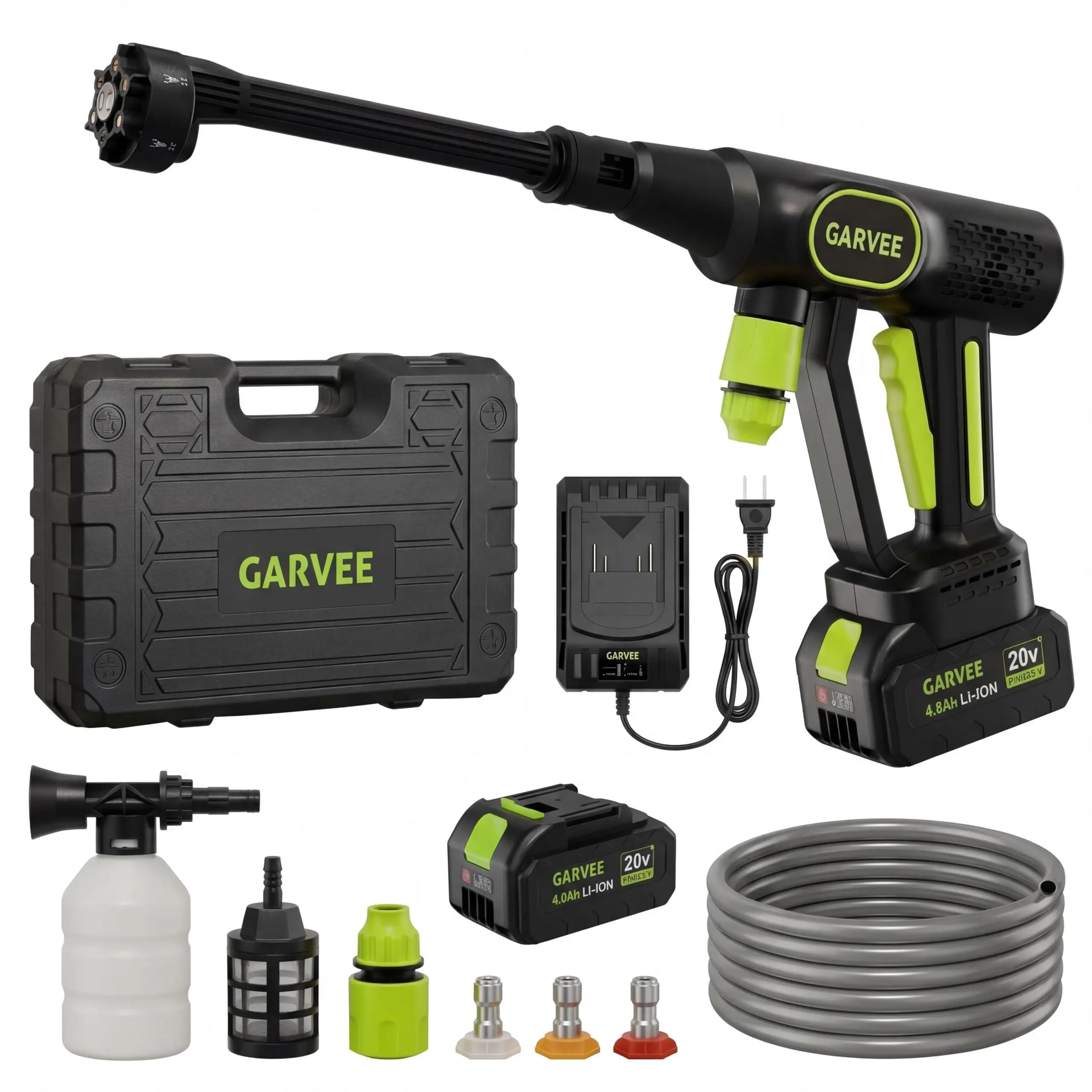 GARVEE 20V Cordless Portable Pressure Washer, Brushless Power Cleaner with 6-in-1 Nozzle & Foam Cannon, 26ft Hose, Rechargeable Battery and Charger, Portable Washer for Car, House, and Patio Cleaning