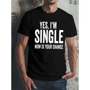 1pc Men'S Casual Crew Neck T-Shirt - "Yes, I'm Single" Slogan, Polyester Knit Fabric with Slight Stretch, Geometric Pattern, Regular Fit for Adults - Summer Short Sleeve Top