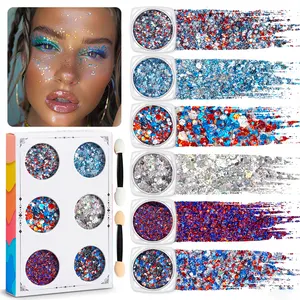 Body Glitter Gel, 6 Shape Red White and Blue Face Glitter, 4th of July Accessories Hair Glitter for Kids, 4th of July Outfits USA Accessories for Women, Blue Face Glitter for Independence Day And Soccer Game