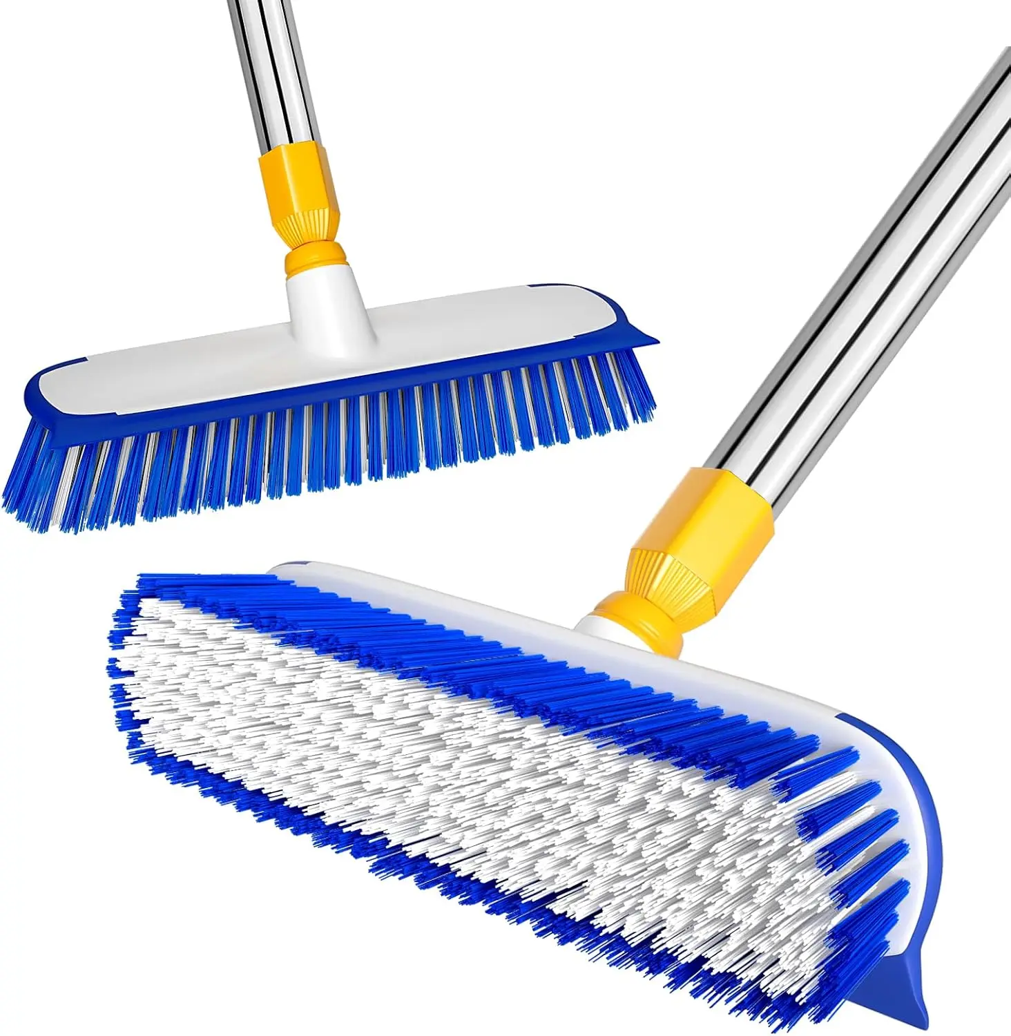 ITTAR 2-in-1 Stainless Steel Floor Scrubber Broom Cleaner, 55-in Extendable Handle (32-in to 56-in), 12-in Wide Sturdy Stiff Bristle Brush with Ergonomic Adjustable Long Handle & Silicone Squeegee for Tile Grout, Kitchen Cleaning