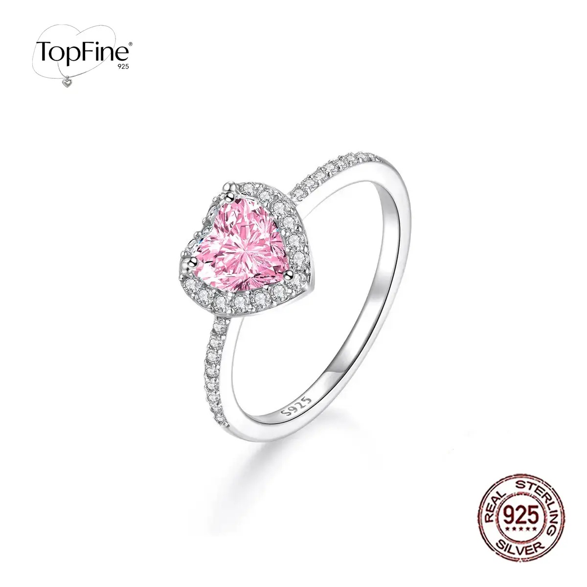 Women Luxury 925 Sterling Silver Pink Heart Cubic Zirconia Halo Ring, CZ Love Promise Ring, Romantic Anniversary Jewelry Gift
