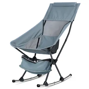 Oversized Folding Rocking Camping Chair, Adult Heavy Duty Camping Chair, Outside Folding Rocking Chair for Patio, Lawn and Outdoors, Supports 253lbs (Grey)