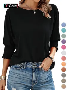 Women's Plain Frill Trim Shirred Batwing Sleeve Lightweight Basic Tee, Casual Chic Fit 3/4 Sleeve Round Neck T-shirt for Summer, Women's Top for Daily Wear, Cute Tops, Womenswear