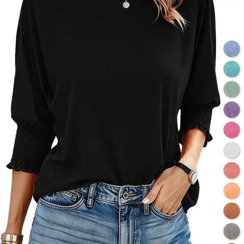 Women's Plain Frill Trim Shirred Batwing Sleeve Lightweight Basic Tee, Casual Chic Fit 3/4 Sleeve Round Neck T-shirt for Summer, Women's Top for Daily Wear, Cute Tops, Womenswear, Casual Fashion Clothing