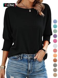 women's plain frill trim shirred batwing sleeve tee, casual 3/4 sleeve round neck t-shirt tshirt for summer, women's top for daily wear, cute tops