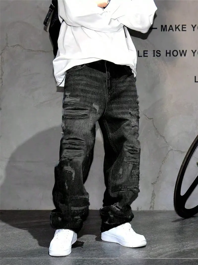 Men's Korean Style Casual Patched Ripped Wide Leg Jeans, Loose Fit Straight Tube Pants, Trendy Cool Design, All Seasons