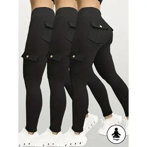 3pcs Women's High-Waisted Yoga Pants with Hip Lift & Pockets - 90% Polyester 10% Elastane Stretchy Workout Leggings, Solid Color Extra-Long Tights for Running, Exercise, Gym - All-Season Comfort, Versatile Activewear |   Sleek Appearance |   From