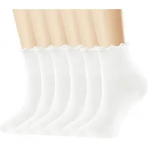 Women's Ruffled Ankle Boot Socks - Soft Knit Cotton Lettuce Trim Crew Socks for Teen Women 6 Pairs