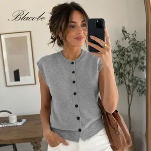 Basic Vest Summer Holiday Daily Minimalist Solid Button Front Round Neck Sleeveless Knit Tank Top Aesthetic Casual Streetwear Shirt