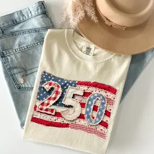 Comfort Colors Faux Patchwork Usa Flag Shirt, 250th Birthday Tee, Anniversary America, Not REAL Patchwork, Printed Shirt