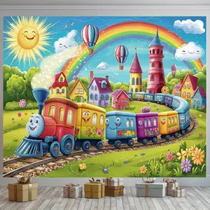 1pc Vibrant Train Park Party Banner - Colorful Polyester Backdrop with Whimsical Train, Rainbow, and Castle Scene for Home, Room, or Wall Decor - Perfect for Birthday Parties and Photo Props,