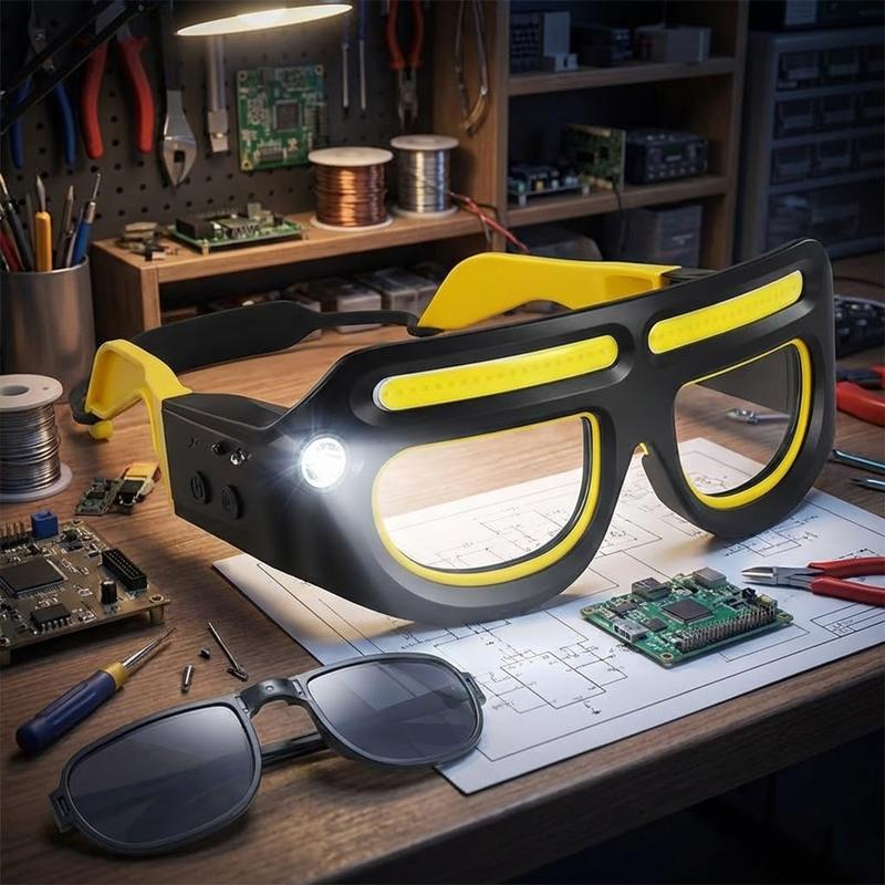 LED Headlamp Glasses with Clip-on Sunglasses - Rechargeable Hands-Free Light for Camping, Fishing & Repairs