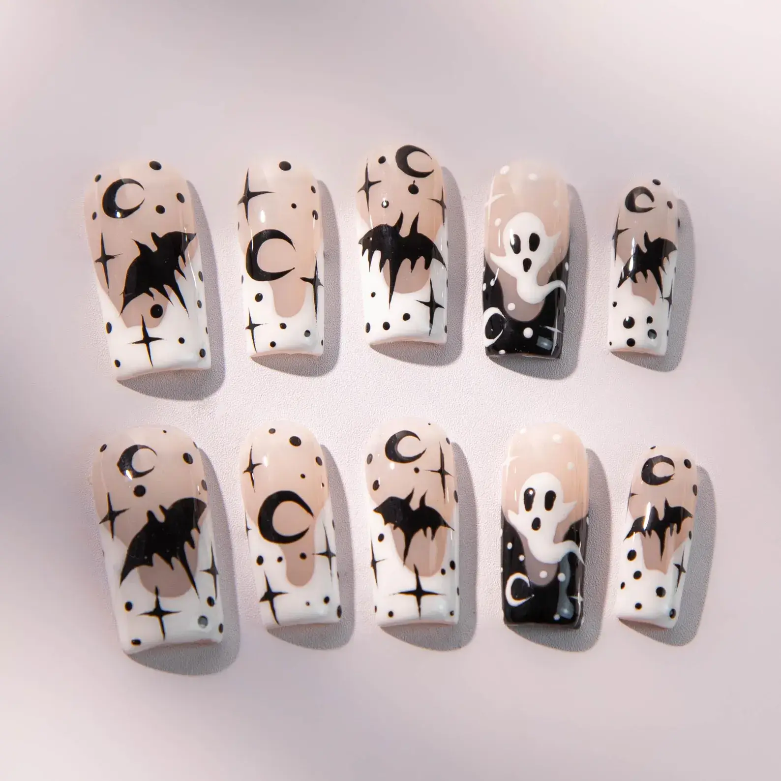 3D Hand-Painted Halloween Press-On Nails - Spooky Ghost, Starry Sky Nail Art Decorations for Festive Use