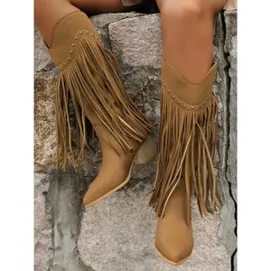 Women's Western Style Fringe Cowboy Boots, Mid-Calf Height, Thick Heel Design, Fashionable & Trendy Footwear for Women, Western Riding Shoes