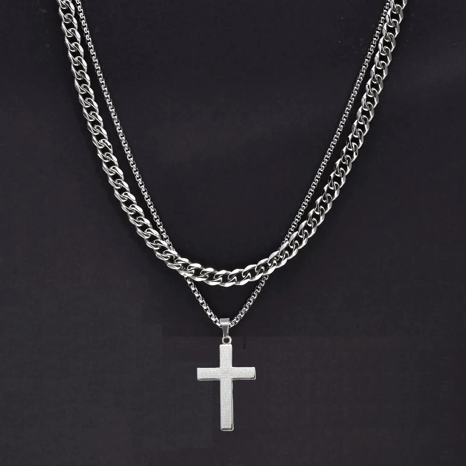Layered Cross Pendant Stainless Steel Women Mens Necklaces Cuban Rope Box Chain Pendant Necklaces