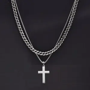 Layered Cross Pendant Stainless Steel Women Mens Necklaces Cuban Rope Box Chain Pendant Necklaces