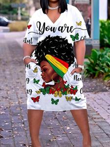 【plus size】 figure & butterfly & letter print drop shoulder tee dress, casual bohemian fashion short sleeve v neck pocket dress for summer, women's plus clothing for daily wear, moo moo dresses, summer dresses, womenswear, plus size clothes women