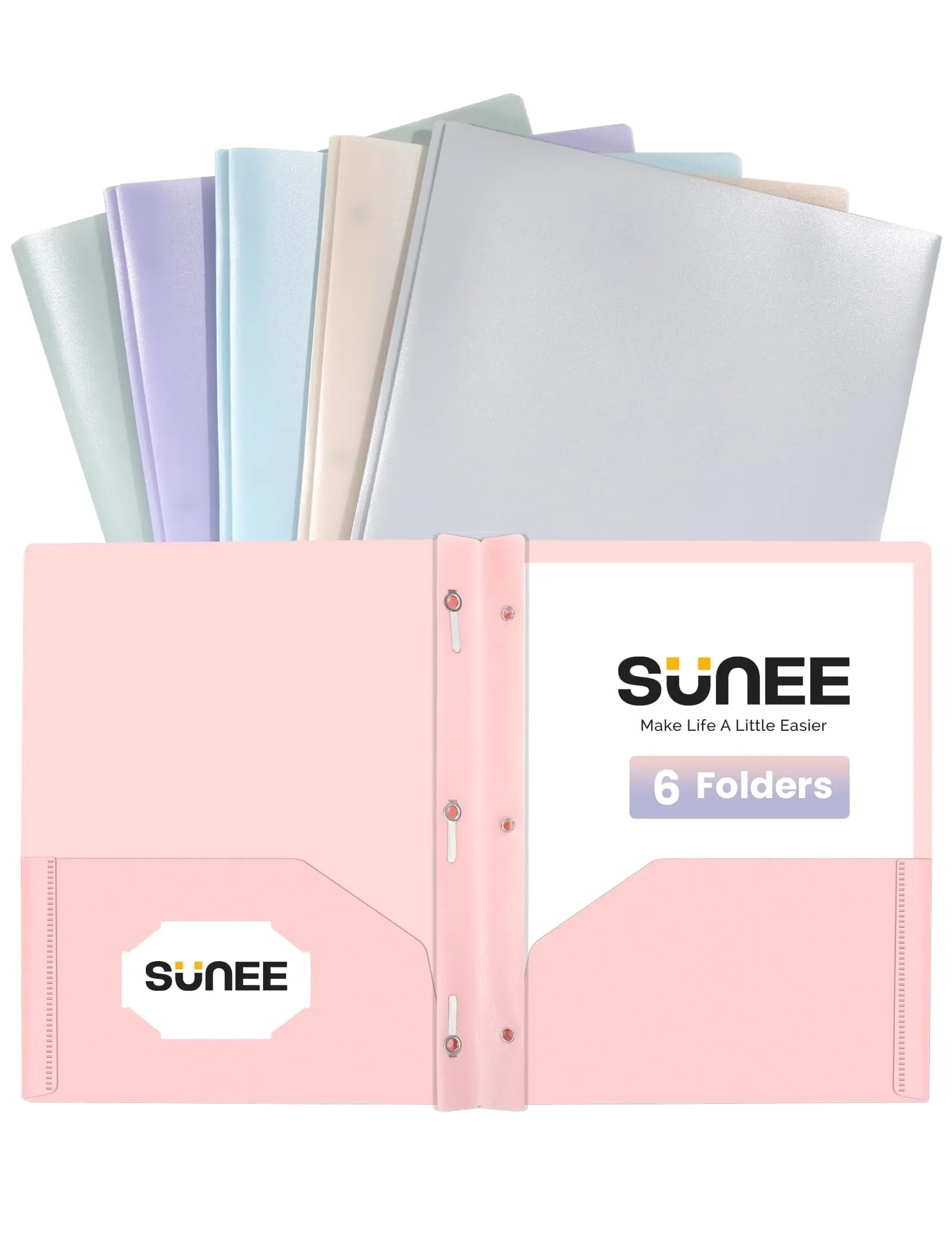 SUNEE 3-Prong Plastic Folders with Pockets 6 Color Heavy Duty Two Pocket Folder Business Card Holder for Work Home (Pastel Colors)