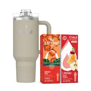Cirkul® 40oz. Ranger All-Day StrawSip™ Tumbler (Tan) & Sip® Cartridges Starter Set: Sweet Tea (Gateway Tea®) & Fruit Punch (LifeSip®)