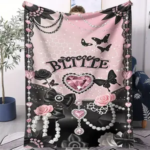 Vintage Printed Flannel Sofa Blanket, Y2k Millennial Hottie Style Printed With “Blitzie” For Sofa, Bedroom And Travel, Soft and Cozy For All Seasons