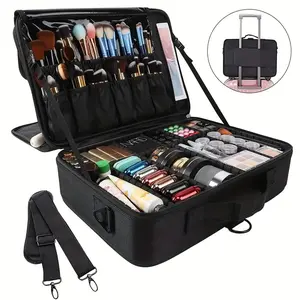 Large Capacity Travel Makeup Train Case 16.5 Inches Professional Makeup Cosmetic Case Portable Artist Cosmetics Brushs Organizer Storage Bag With Adjustable Dividers And Shoulder Strap