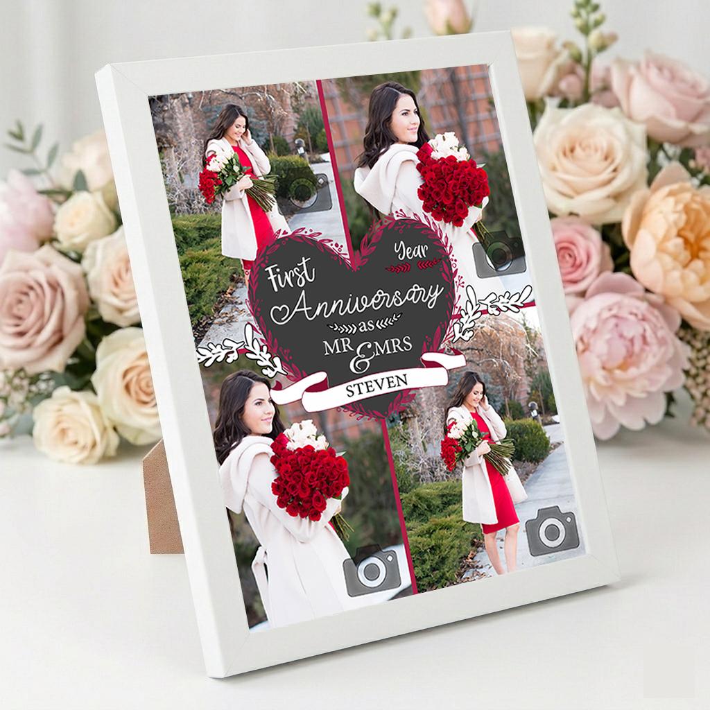 Custom 1st Anniversary Photo Collage Frame – Personalized Mr. & Mrs. Gift for Couple | 8x10 Black or White Frame & Print Options