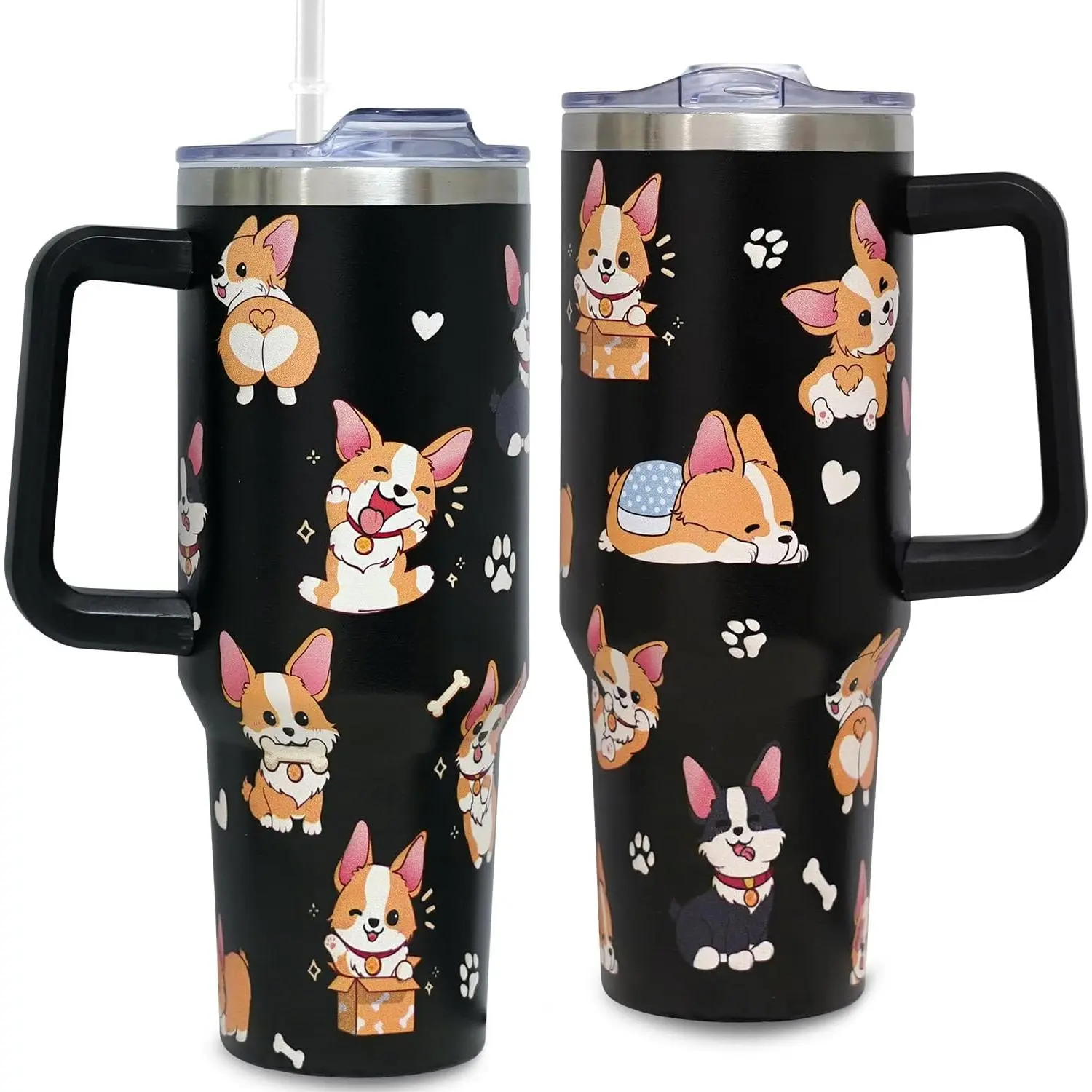 40oz Cute Corgi Printed Stainless Steel Insulated Tumbler - Vacuum Flask Water Bottle, Portable Full-Frame Travel Mug with Handle, Lid, Straw for Corgi Lovers, Glassware Drinkware, Bottle Water