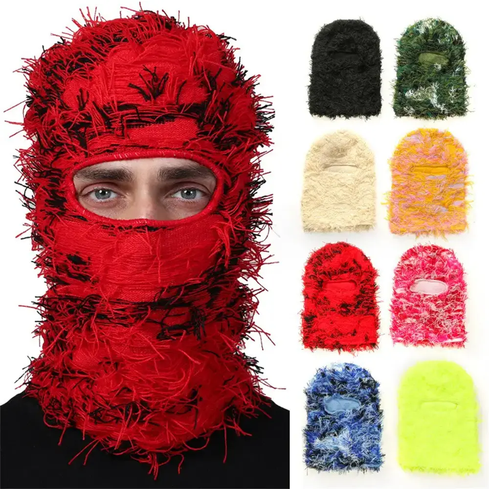 Unisex Distressed Knitted Balaclava - Thermal Ski Mask, Full Face Mask, 1 Size, Windproof, Snug Fit for Winter Skiing, Versatile Use