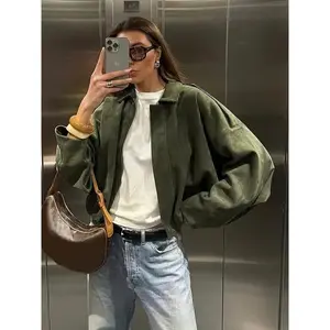 Women’s Faux Suede Bomber Jacket, Casual Oversized Fashion Outerwear, Trendy Street Style Y2K Top, Elegant Design, All-Season Wearable