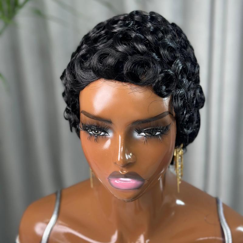 ShowReal 025 Short Pixie Cut Egg Wavy Curly Bomb Black Colorful Mommy Wig Pin Curls Brizalian Virgin Human Hair Cute Style Wigs For Black Women Daily Party Use