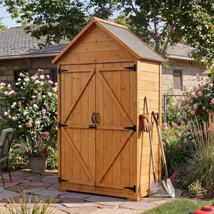 Outdoor Storage Cabinet, Waterproof Wooden Garden Tool Shed with 3 Shelves, Lockable Garden Tool Shed Wood Garden Storage Cabinet Tool Organizer for Patio Backyard, Deck, Lawn Organization