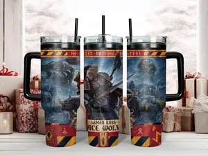 Warhammer 40K Leman Russ Primarch of the Space Wolves 40oz Insulated Stainless Steel Tumbler - Epic Fenrisian Wolf & Winter Battle Art Travel Mug with Handle & Straw - Perfect Grimdark Gift for Tabletop Gamers