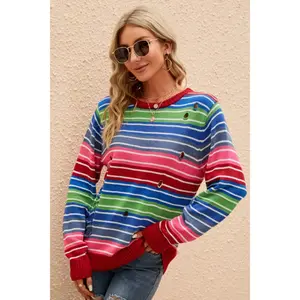 Striped Distressed Cutout Round Neck Sweater Knitwear Womenswear Polyester Sleeve Stretchy Top Women Comfort