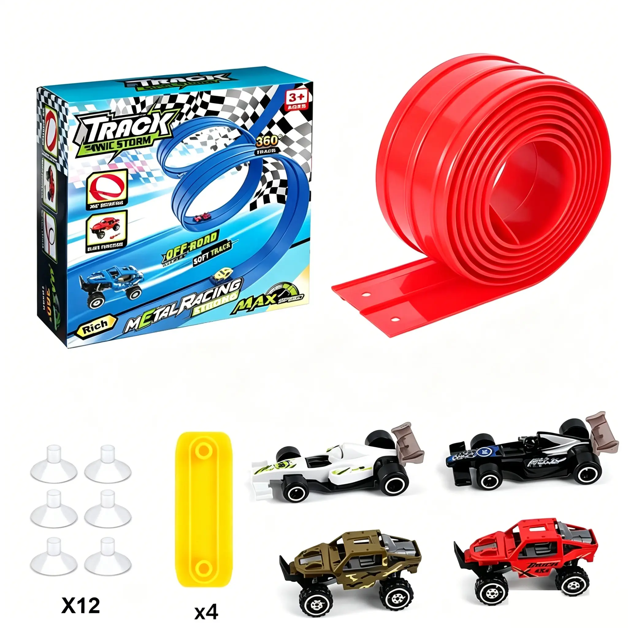 Flex Tracks 15 Ft Starter Set Flexible Race Track for Kids 3+, Flexible Car Track Race Car Ramp Track Compatible with Diecast 1/64th Cars, Portable Rolls Up Race Tracks with Strong Suction Cups