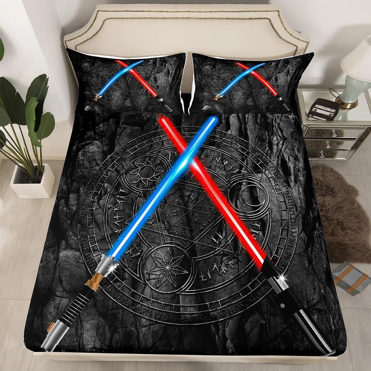 Lightsaber Fitted Sheet,3D Neon Blue Red Bedding Set,Geometric Sun Moon Pattern Bed Sheets,Kids Boys Teens Room Decor,Black Cool Deep Pocket Sheet,(No Flat Sheet)