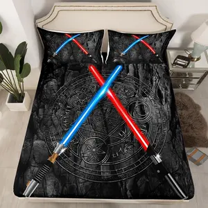 Lightsaber Fitted Sheet,3D Neon Blue Red Bedding Set,Geometric Sun Moon Pattern Bed Sheets,Kids Boys Teens Room Decor,Black Cool Deep Pocket Sheet,(No Flat Sheet)