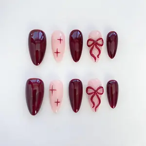 Burgundy Press On Nails Long Almond Nails, Ancora Nails