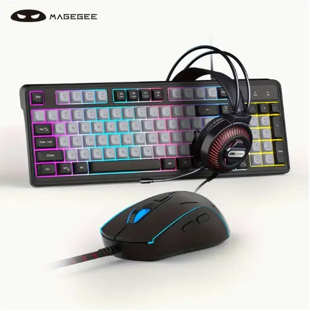 MageGee Wired Gaming Keyboard And Mouse Headset Combo, Rainbow LED Backlit Wired Keyboard, Over Ear Headphone With Mic Headset, Rainbow Backlit Gaming Mice For PC, Laptop, Mac, PS4, Xbox